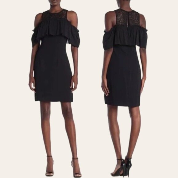 TRINA TURK Lauren Black Lace Cold Shoulder Sheath Mini Dress in Black 8 - Picture 11 of 12